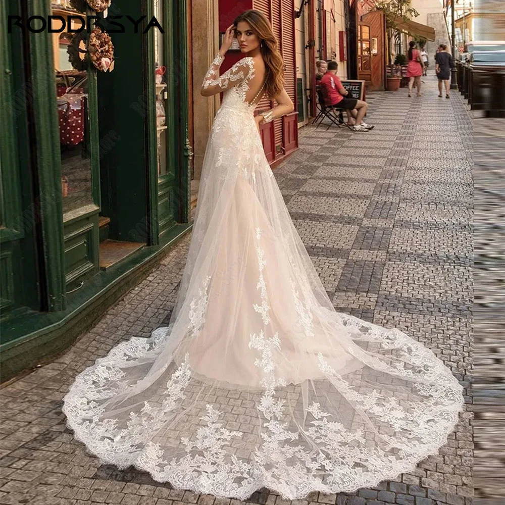 RODDRSYA Długie Rękawy Dekolt Suknie Ślubne Applique Illusion Suknie Młode LightRODDRSYA Mangas Compridas Pescoço Colher Vestidos De Casamento Applique Ilusão Noiva Vestidos Luz Champagne A-Line Exquisite suknia ślubna