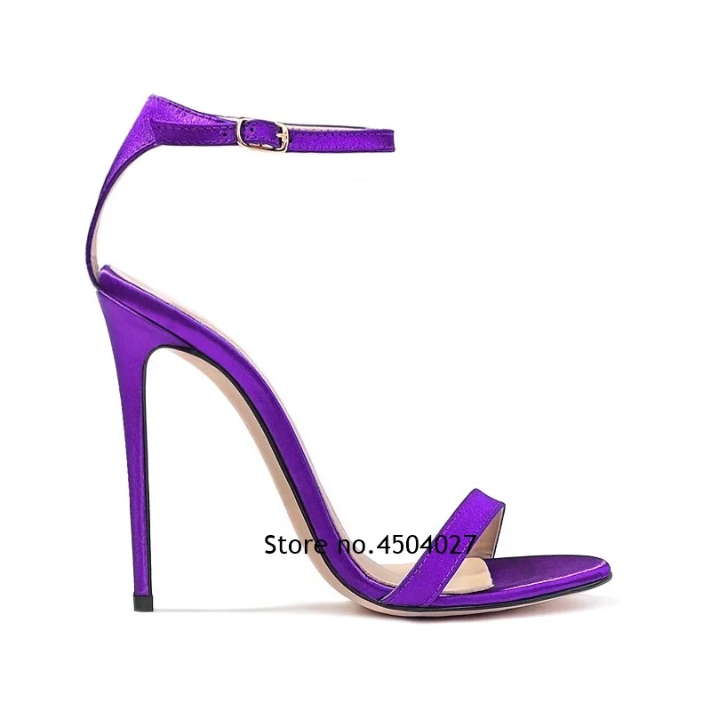 

Purple Satin Cloth Buckle Ankle Strap Summer Sandals Thin High Heels Peep Toe Dress Shoes Elegant Black Heels