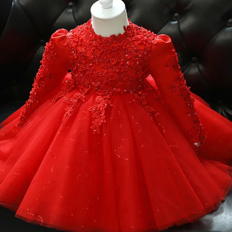 Bridesmaid Dress for Flower Girls Kids Gown Outfit Red Dresses Matching Children Princess Weddings Luxurious Hostess Costume