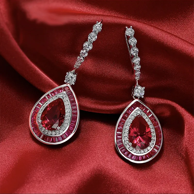 S925 Silver Ear Stud 3ct Water Drop 8 * 12 Pigeon Blood Red High Carbon Diamond Earrings Fashion Versatile Earring Jewelry