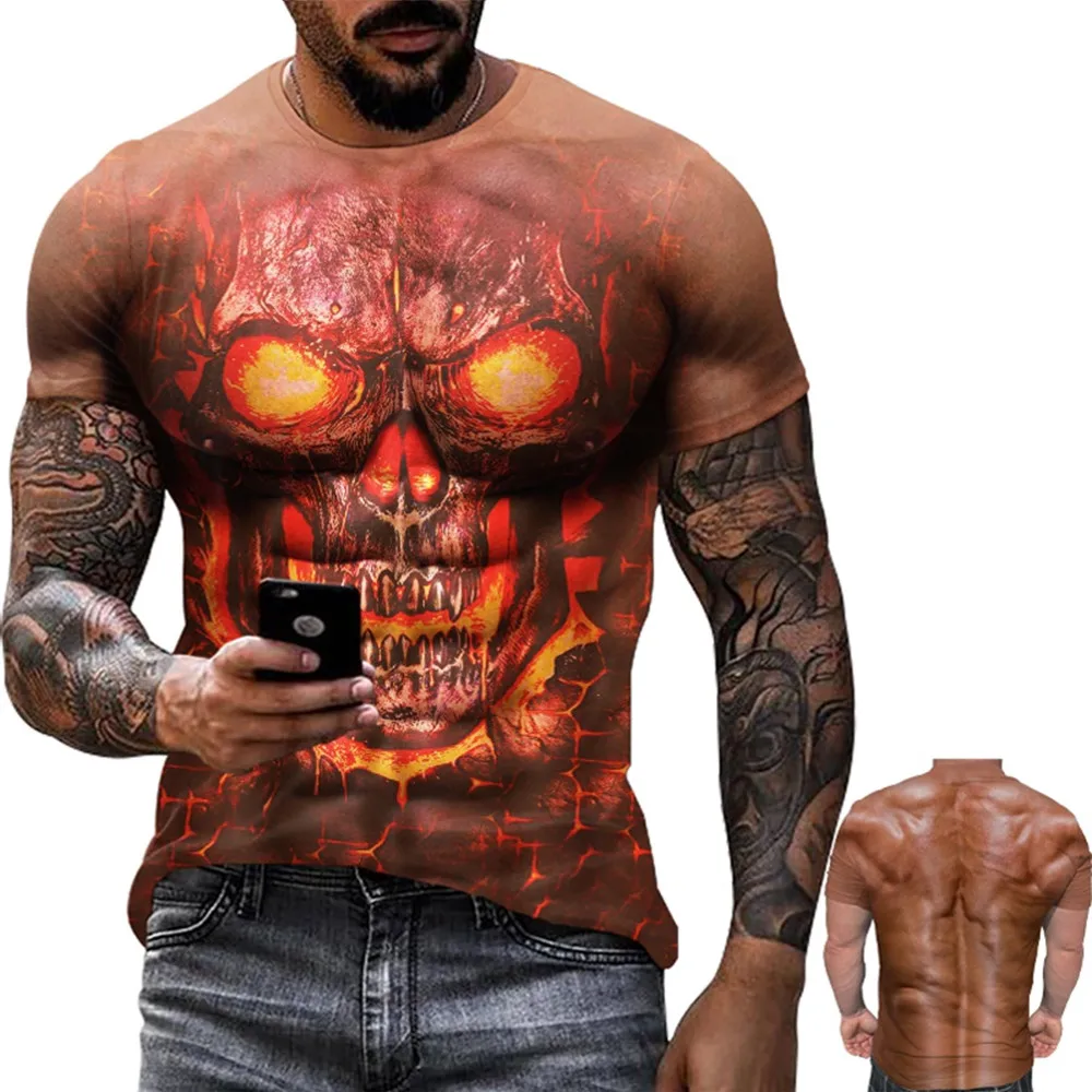 Men Fake Ripped Muscle 3D Print Crew Neck T-Shirt, Optical Illusion Graphic Short Sleeve Tee, Streetwear Casual Summer Top