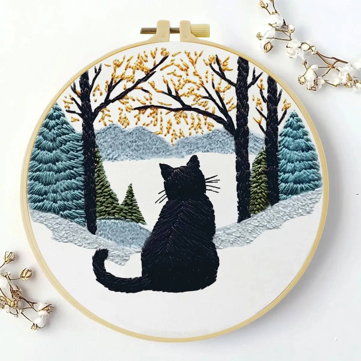 1 Stück 20X20CM/15X15CM 7,87/6,3 Zoll Die schwarze Katze auf dem Schneefeld Stickerei-Starter-Kit DIY-Kit DIY-Stickerei-Kit Handarbeiten – Detail 2