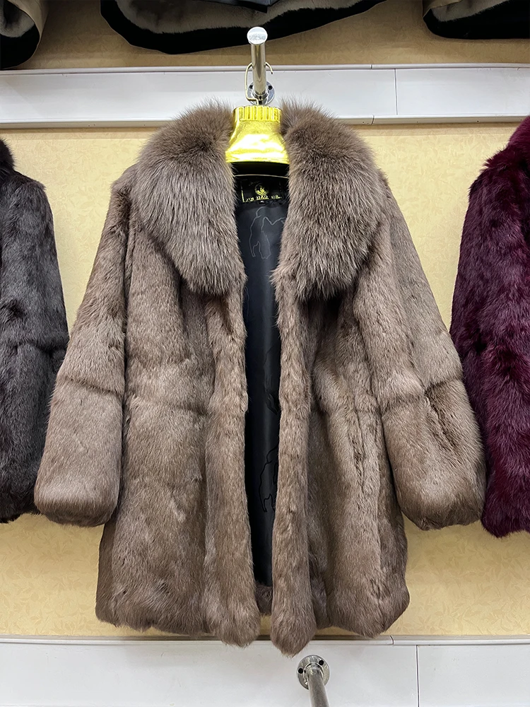 2024 100% Genuine Whole Skin Real Rabbit Fur Coat With Natural Fox Fur Collar Jacket Full Pelt Luxury Rabbit Fur Overcoat