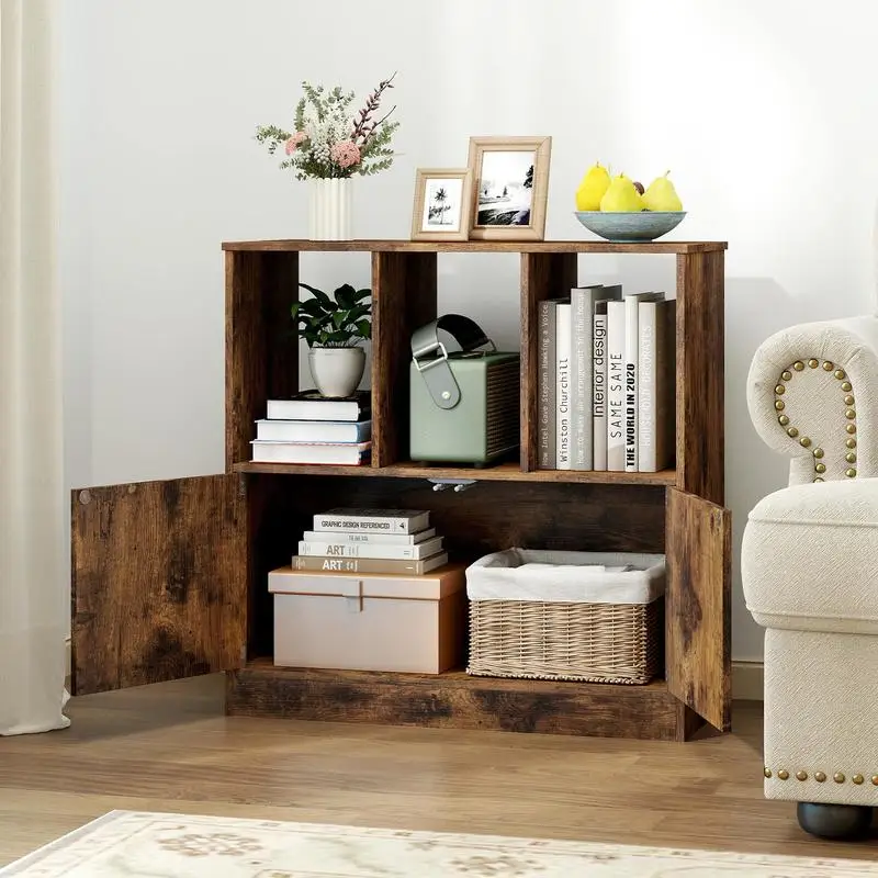 3-stufiges Bücherregal mit 2 Türen, Würfelregal mit offenen Fächern und Bücherregal, braun