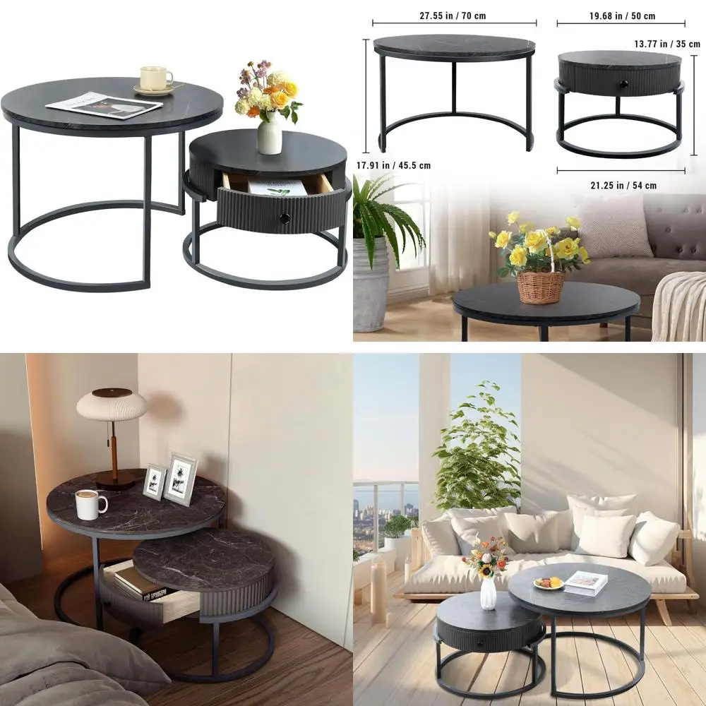 

Gray Marble Top Nesting Coffee Tables Set of 2 - Modern Metal Stackable Side Tables for Small Living Spaces