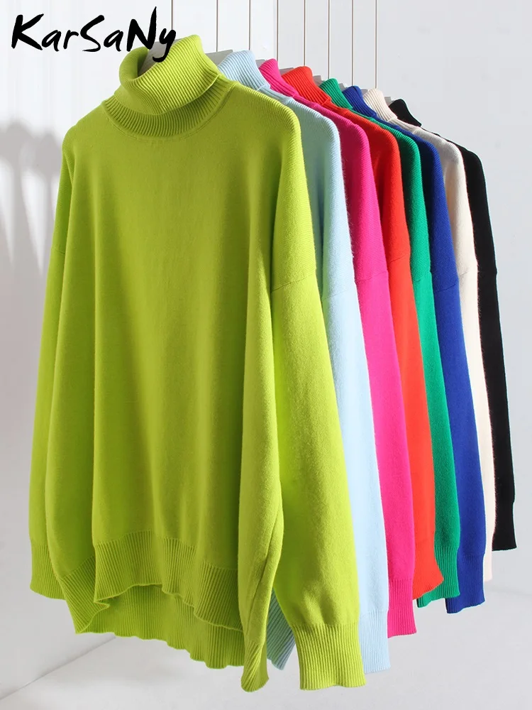 Winter Green Oversized Turtleneck Sweater Women Oversized Pullovers Loose Tops Autumn Blue Jumpers Warm Sweaters For Women 2023