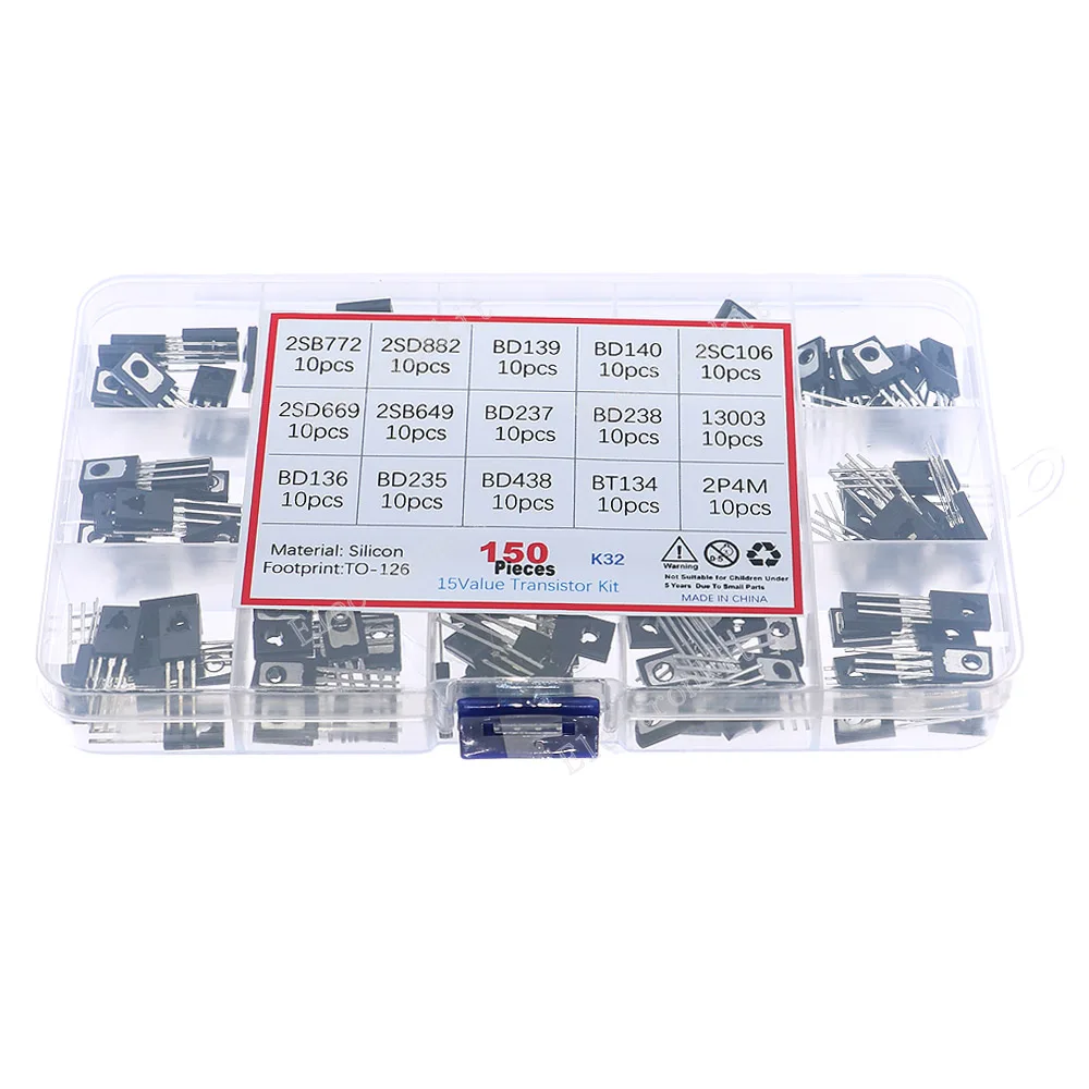 150pcs 15models B772 D882 BD139 BD140 C106 D669 B649 D237 D238 13003 BD136 BD235 BD438 BT134 2P4M TO-126 Transistor Assorted Kit