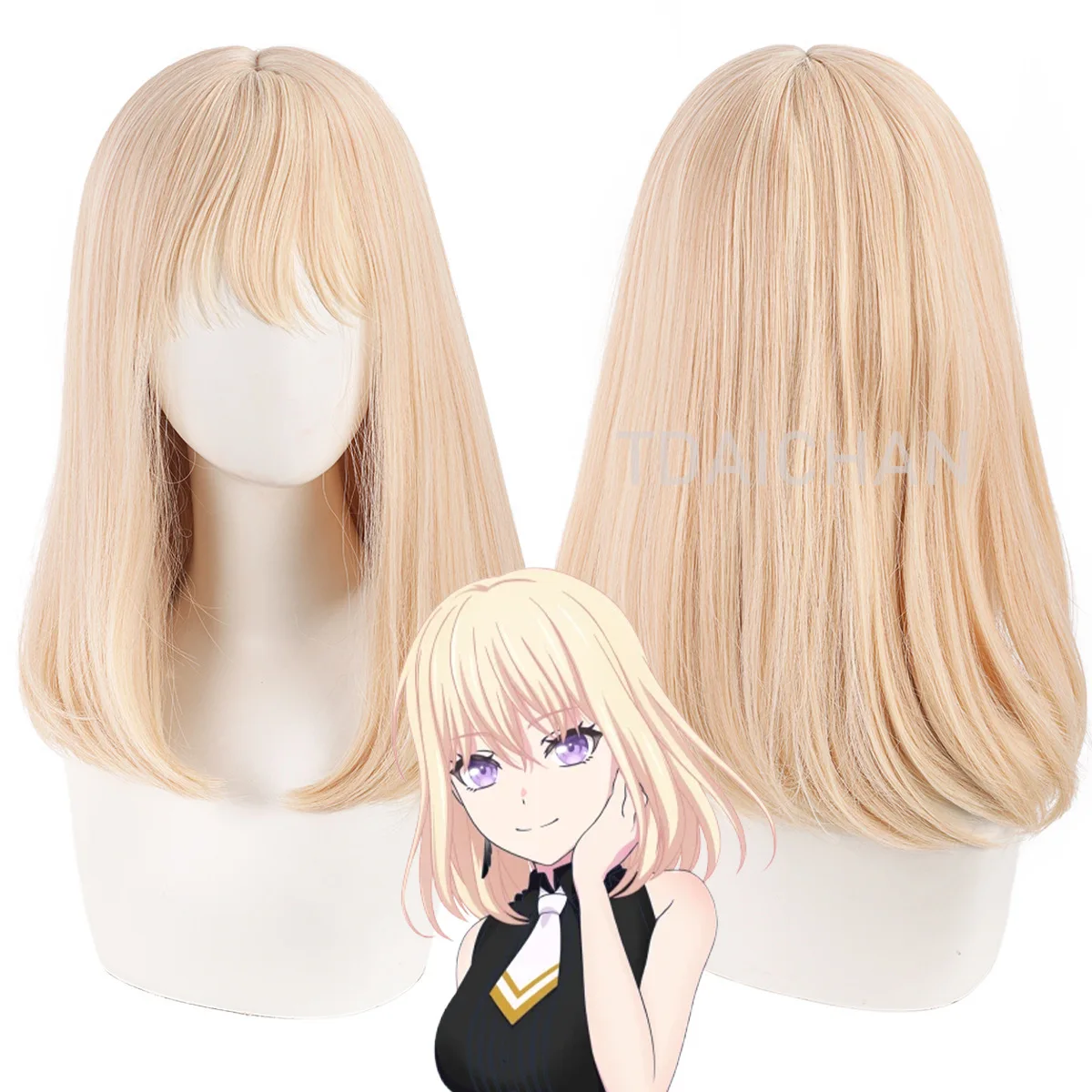 アニメ「バンドリ！」-ミスミ初音-コスプレウィッグ-コスチューム-ライトゴールデン-40cm-ロングヘア-耐熱人工毛-フリーウィッグキャップ