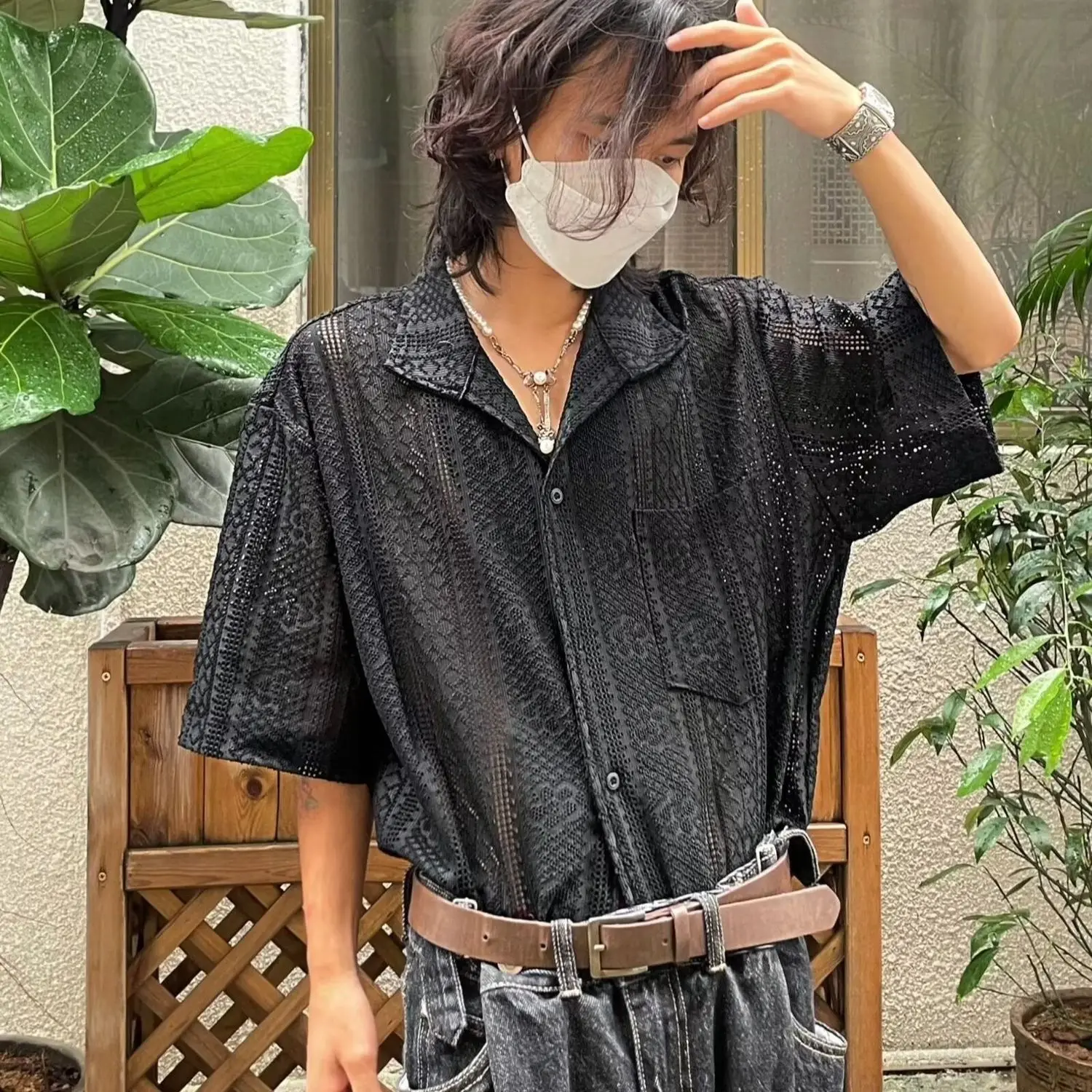 Summer Hollow Out Lace Shirts Men Niche Design Short Sleeve Blouse Trendy Breathable Beach Top Loose Casual Hawaiian Shirt