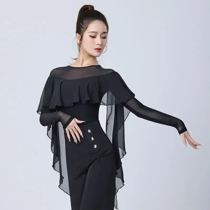 Sexy Latin Ruffled Dance Tops Women Performance Ballroom Evening Dresses Leotard Clothes  Samba Tango Blouse Practice Costumes