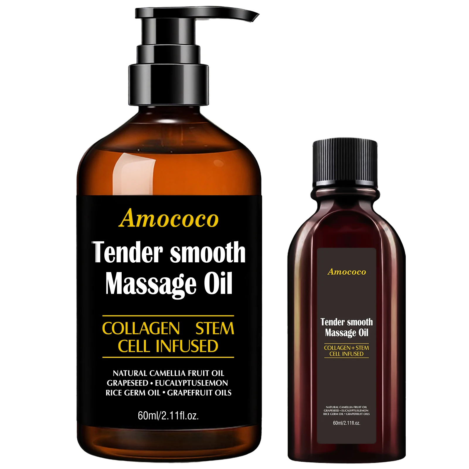 Amococo 2/3pcs Massage Oil Tender Smooth Body Massage Oil 60ml/245ml with Collagen Stem Cell Infused Formula Camellia Fruit Oil Grapeseed Oil Eucalyptus Oil Rice Germ Oil Grapefruit Oil Moisturizing Body Care Oil for Relaxing Massage Skin Care