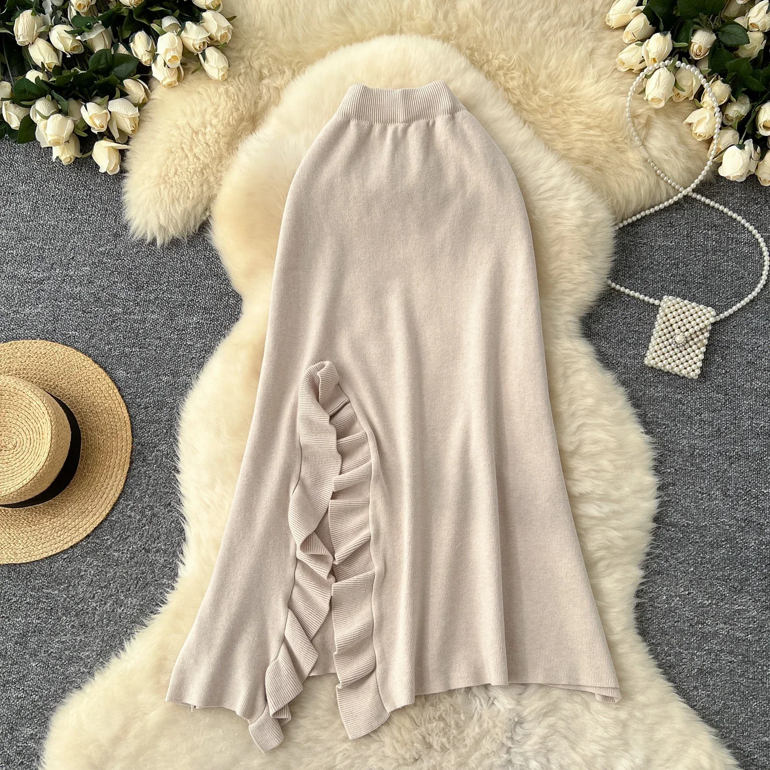 High Street Ruffles Vintage Split High Waist  A-Line Knit Skirt French Basics Office Lady Autumn Winter Fashion Elastic Clothing