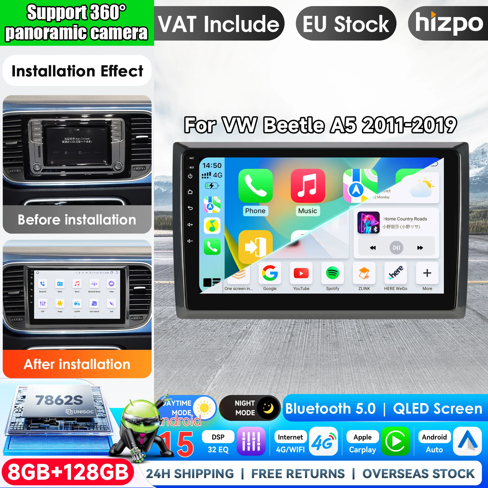 Image of Hizpo 9 Zoll Autoradio für VW Beetle A5 2011 - 2019, kabelloses Carplay, Android Auto Multimedia Videoplayer, 2 DIN Radio, Autoradio, GPS Stereo, intelligente Systeme, IPS Touchscreen, Head Unit,