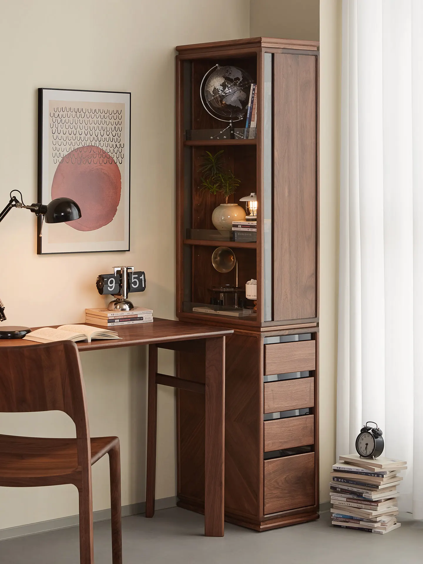 bookcase desk integrated black walnut high and narrow cabinet floor corner multi-functional storage side pull-out cabinet