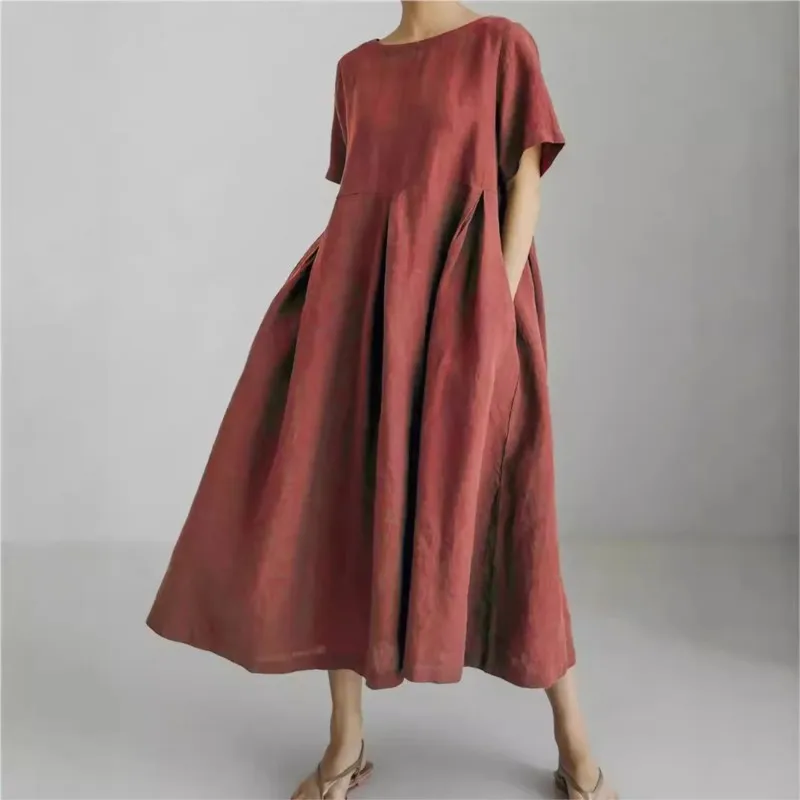 Women's Boho Dress 2025 New Women's Loose O-neck Fashion Large-size Solid Short-sleeved Casual Midi Dresses For Women Vestidos