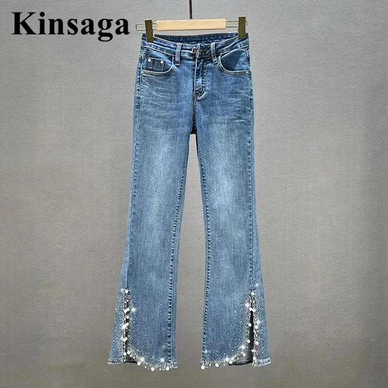 

Aesthetic Beading Split Vaqueros Female Boot Cut High Street Wide Leg Drilling Flare Jeans Stretch Slim Hip Fit Demin Pant Women