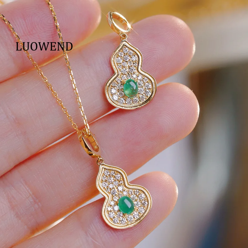 LUOWEND 100% 18K Yellow Gold Necklace Luck Gourd Shape Natural Diamond Natural Emerald Necklace for Women High Party Jewelry