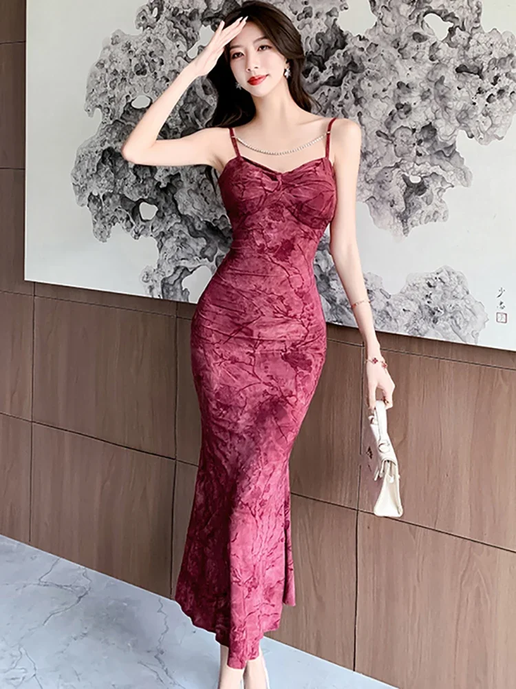 Herbst Winter Rot Floral Samt Kette Sling Kleid Frauen Mode Chic Rüschen Meerjungfrau Kleid 2024 Koreanische Elegante Luxus Prom Kleid