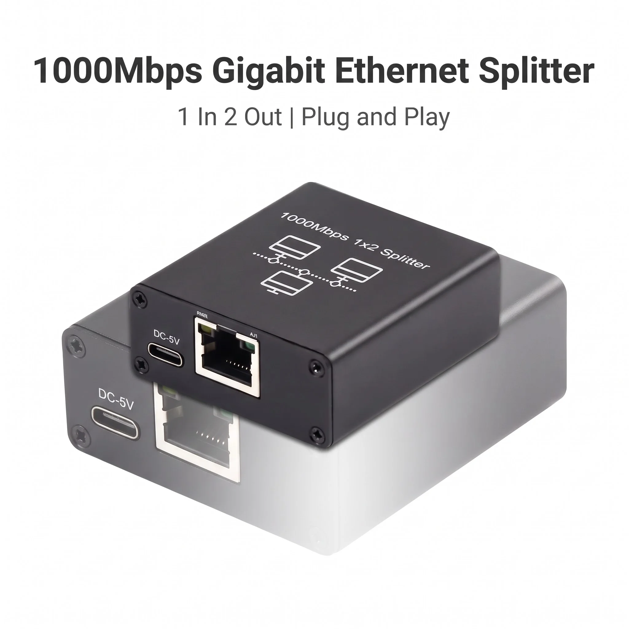 Gigabit Ethernet Splitter 1x2,1000Mbps RJ45 3-Port,Aluminum,Type-C Powered,Plug&Play,Dual Internet Simultaneously,100M