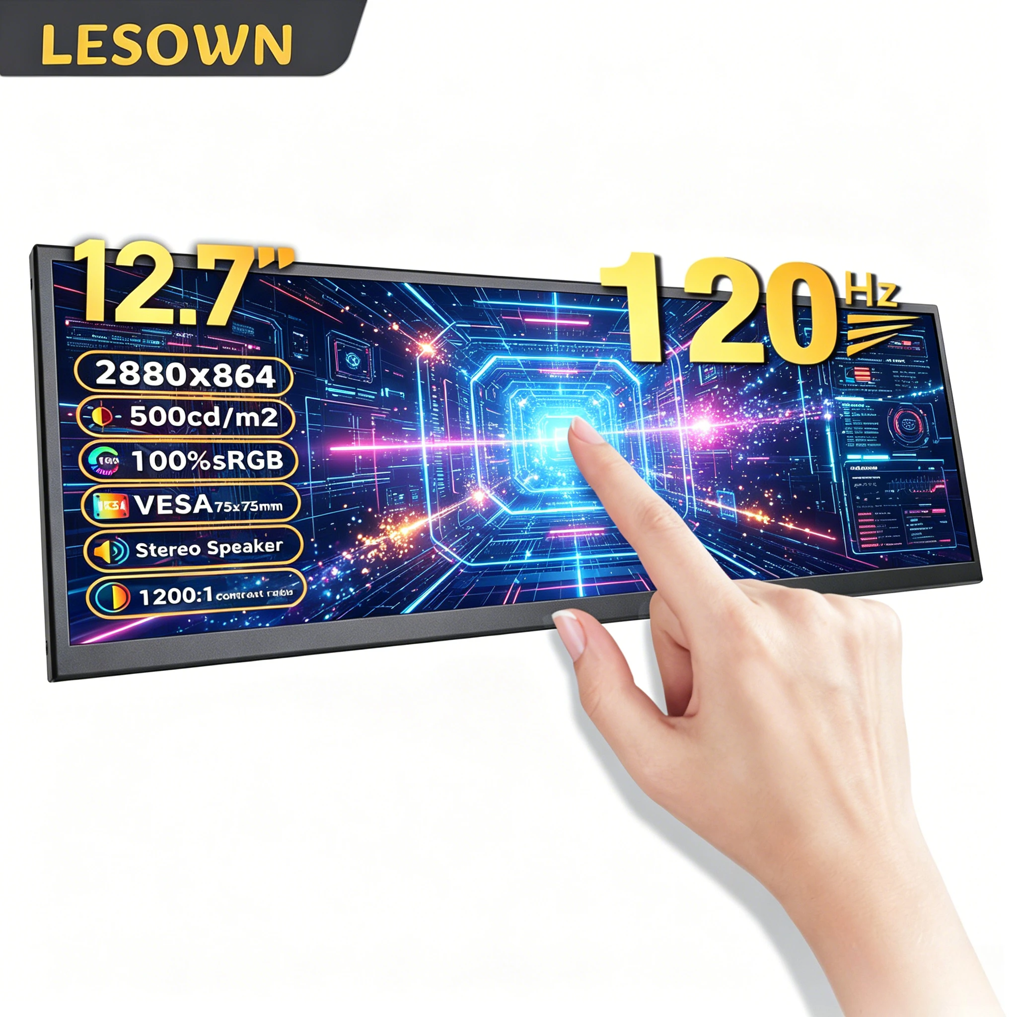 

LESOWN 2.8K Ultra-wide Computer Temp Screen 12.7 Inch 2880x864 120Hz Metal Chassis Sub-monitor for Windows Hardware Mod PC