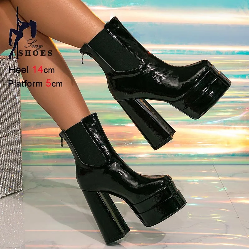 

Autumn Winter Fashion New Short Boots Super High Heels Women Shoes Black Waterproof Platform Coarse Heel Lady Zipper Ankle Boots