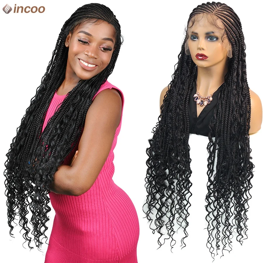 بوهو شعر مستعار مضفر الاصطناعية Knotless صندوق جديلة الباروكات مع نهايات الشعر المجعد Locs آلهة كامل الدانتيل الباروكات Cornrows تجديل خصلات الشعر المستعار