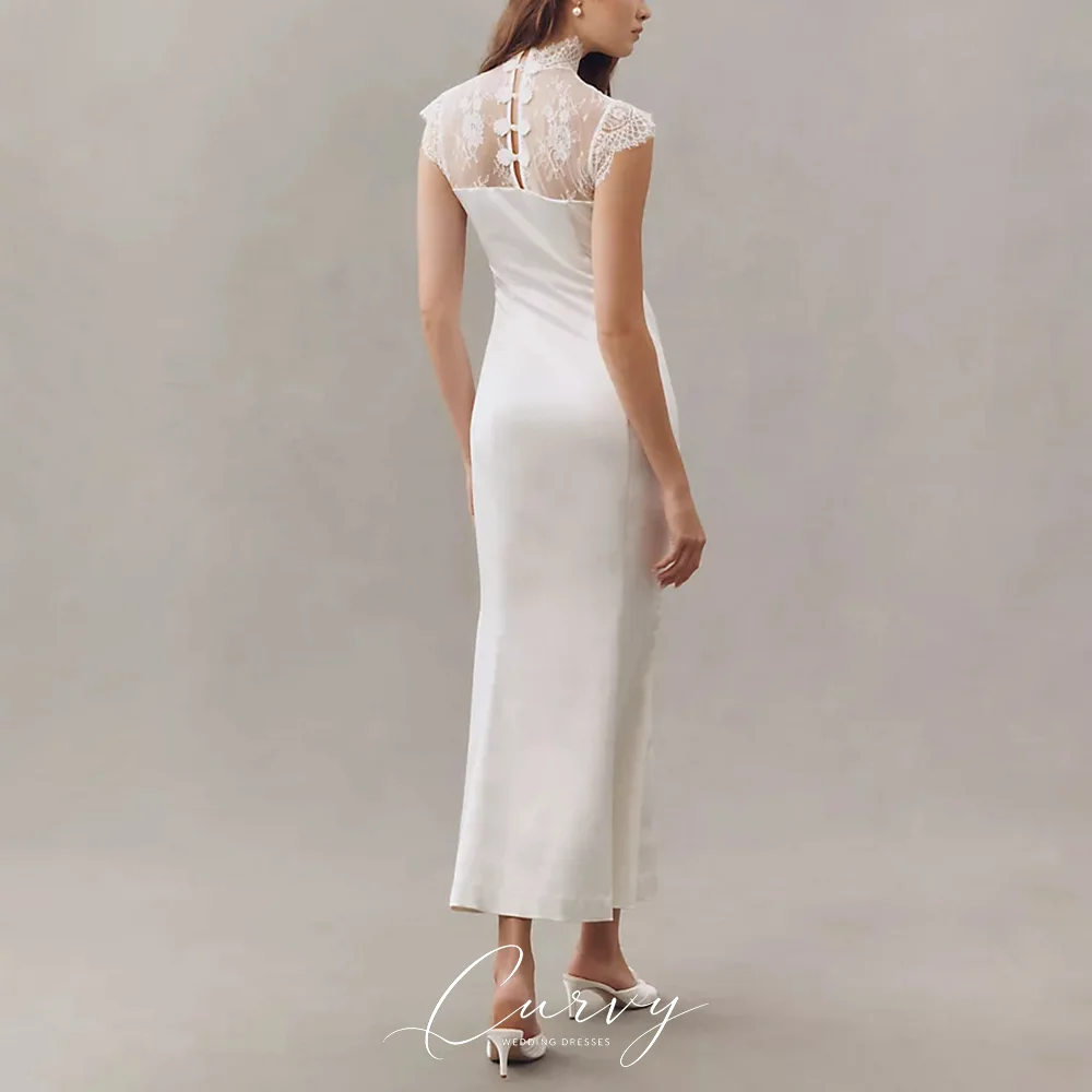 Curvy Soft Romantic Bridal 2026 New Arrival Lace High Neck Cap Sleeve Midi Mermaid Wedding Dresses for Women Wedding Party