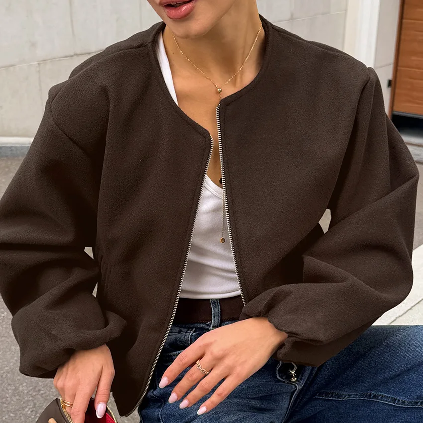 2026 Autumn and Winter Retro Fashion Long-sleeved Crew Neck Short Jacket Women's Solid Color Zipper Loose and Thin Casual Jacket