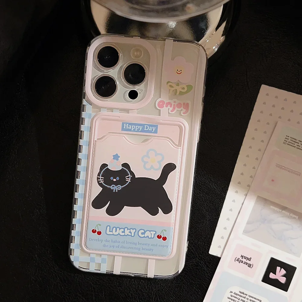 Cherry Party Black Cat Etui na karty fotograficzne Przezroczyste etui na telefon do iPhone'a 16 15 14 13 12 Pro Max Xr 15 Plus Etui Cute Cartoon Cover