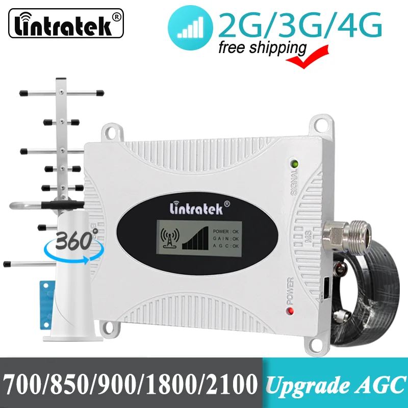 Lintratek GSM 900 MHz Cellular Amplifier LTE 700MHz CDMA 850 DCS 1800 ALC/AGC Internet Signal Booster Yagi  ColumnarAntenna 10m