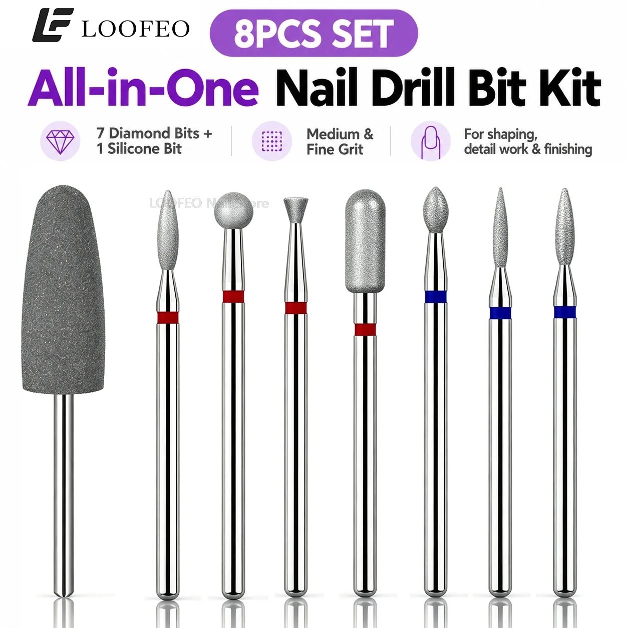 8Pcs Nail Drill Bits Set for Electric File 7 Diamond 1 Silicone Milling Cutter for Manicure Pedicure Nail File Accessories Kit 