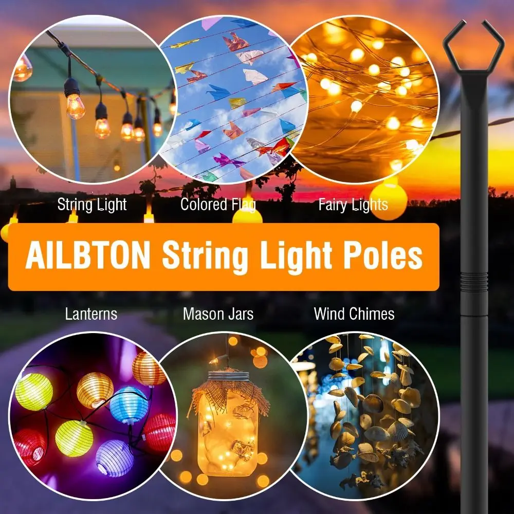 

2pcs Heavy Duty String Light Poles Adjustable Height Metal Construction Adjustable Light Pole Stand Fence Brackets Waterproof