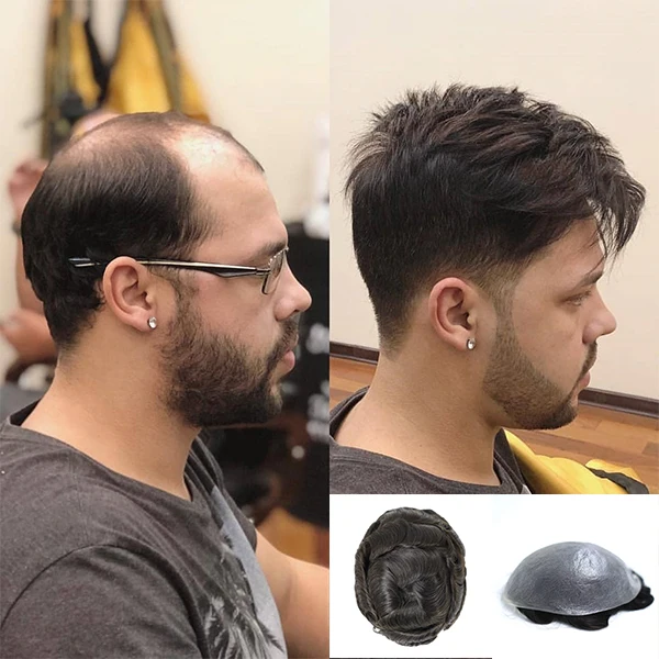 Seraphicwig Men‘s Hair System 0.03mm Ultra Thin Skin Undetectable Toupee with #2 Dark Brown Real Human Hair, 8x10 Inch Breathable PU Base for Men Invisible Hairpiece Human Hair Toupee for Men