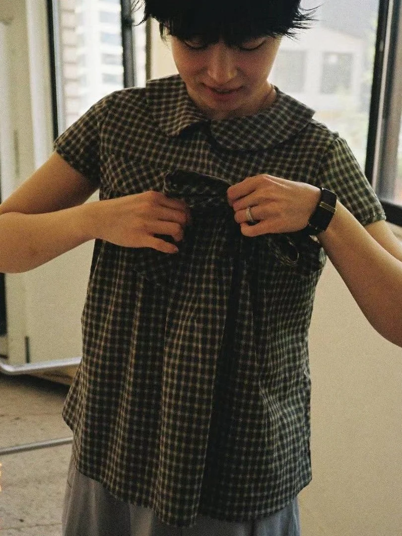 Coréen Sle été ort Sve irt femmes Faionable Vintage noeud poupée col irt bulle Sve tenue décontracté