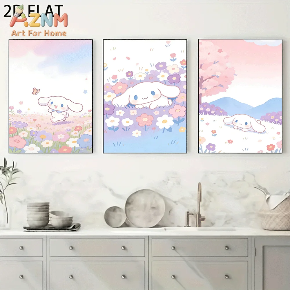 AZNM Cinnamoroll Canvas Wall Art Unframed Cute Cartoon Print Poster Colorful Flower Field Cherry Blossom Butterfly Pastel Sky De