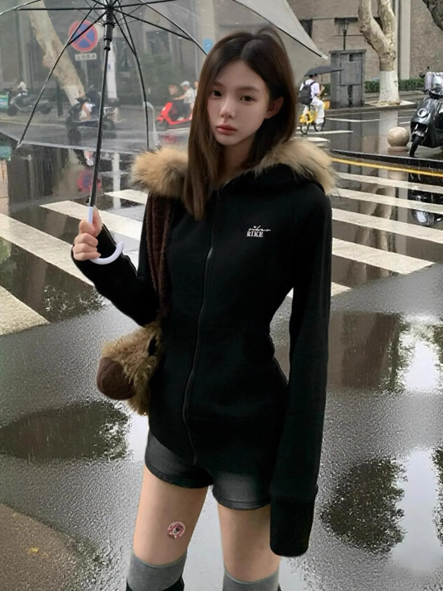 Amerikaanse Sle Hot Girl Bla Bontkraag Hoodie Jaet Vrouwen Vroege Herfst Slanke Taille ort Vest Top Pendelen Rits Lange S...