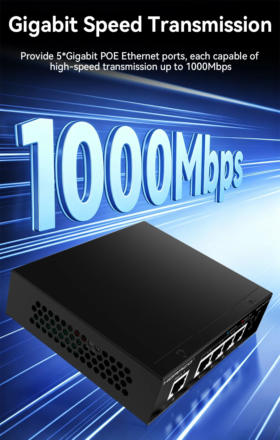 HORACO 5-Port POE Switch Gigabit 1000Mbps Aktiver POE Netzwerk-Switch für IP-Kamera, NVR, Überwachung, CCTV, POE-Kamera – Detail 7