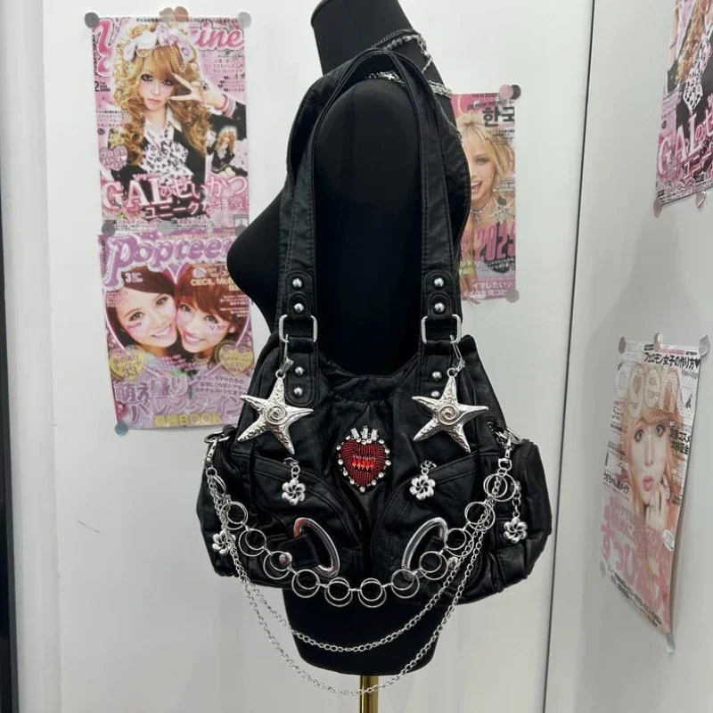 Star Flower Chain Black PU Leather Punk Harajuku Gyaru Shoulder Handbag Y2K Gothic Red Rhinestone Heart Hobo Bag