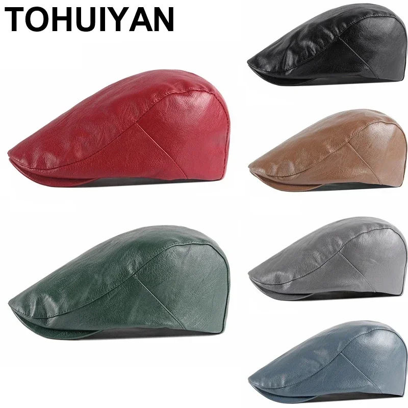 TOHUIYAN Leather Beret Caps for Men Gatsby Homme Flat Cap England Boinas Driving Hats Autumn Winter Vintage Women Inspired Hat