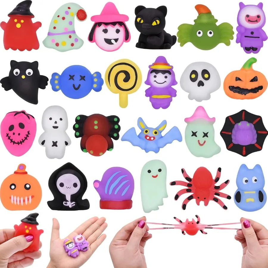 24 Pack Halloween Mochi Squishy Toys Squeeze Squishies for Girls Boys Fun Party Favors and Stuffers for Halloween Goodie Bags T