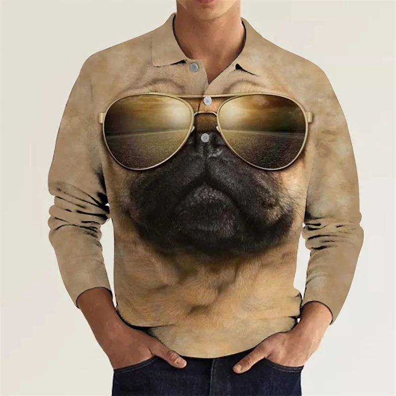 Men's Animal Dog Pattern Polo Shirts Long Sleeve Casual Funny Polo Shirt Streetwear Mens Plus Size Button Turndown Tshirt