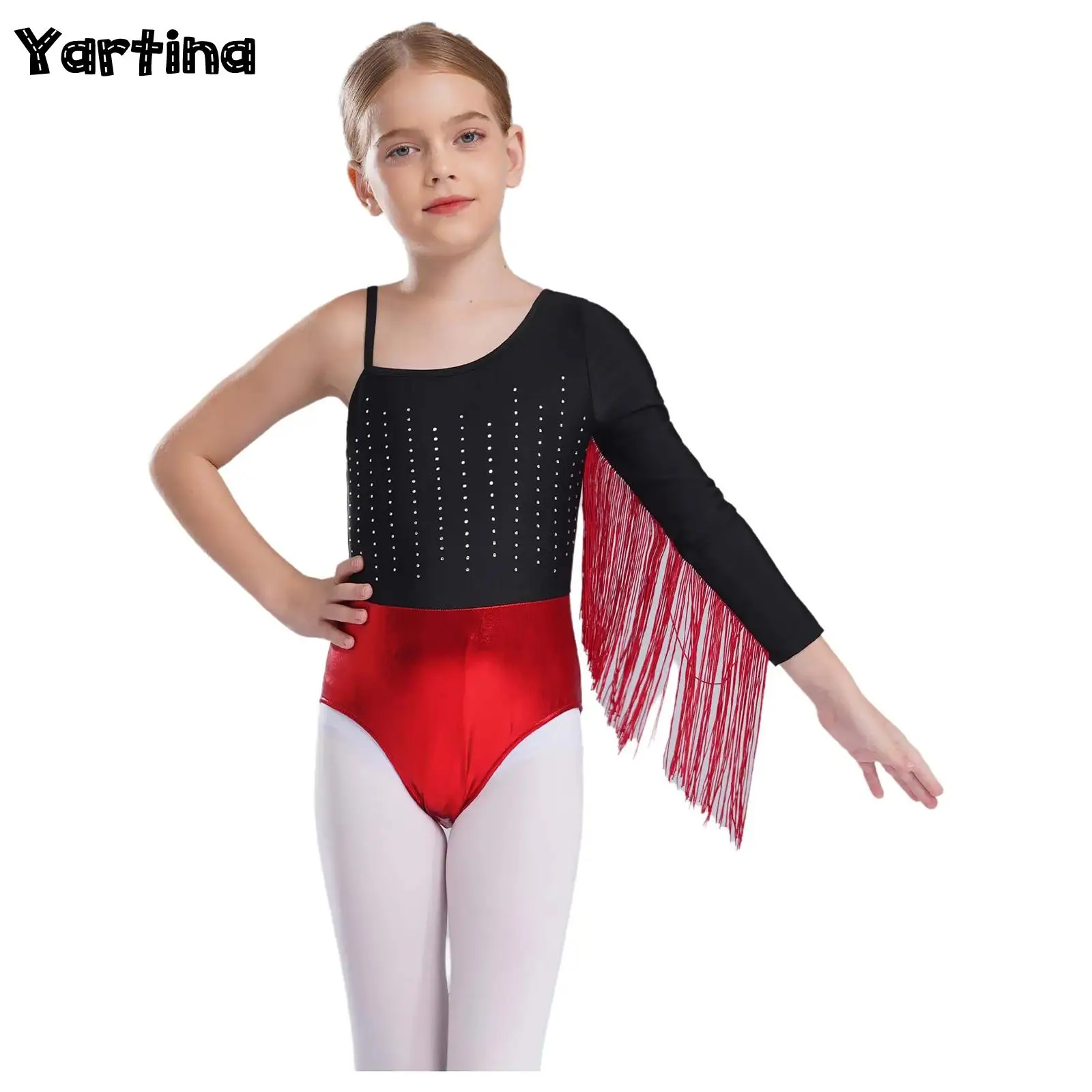

Kids Girls Gymnastics Leotard Latin Line Samba Tango Cha-Cha Dance Performance Costume Fringed Shiny Rhinestones Bodysuit Tops