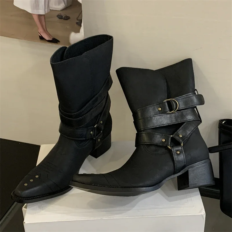 

Autumn Winter Pointed Toe Western Ankle Boots Women Square Heels Goth Short Booties Buckle Strap Casual Shoes