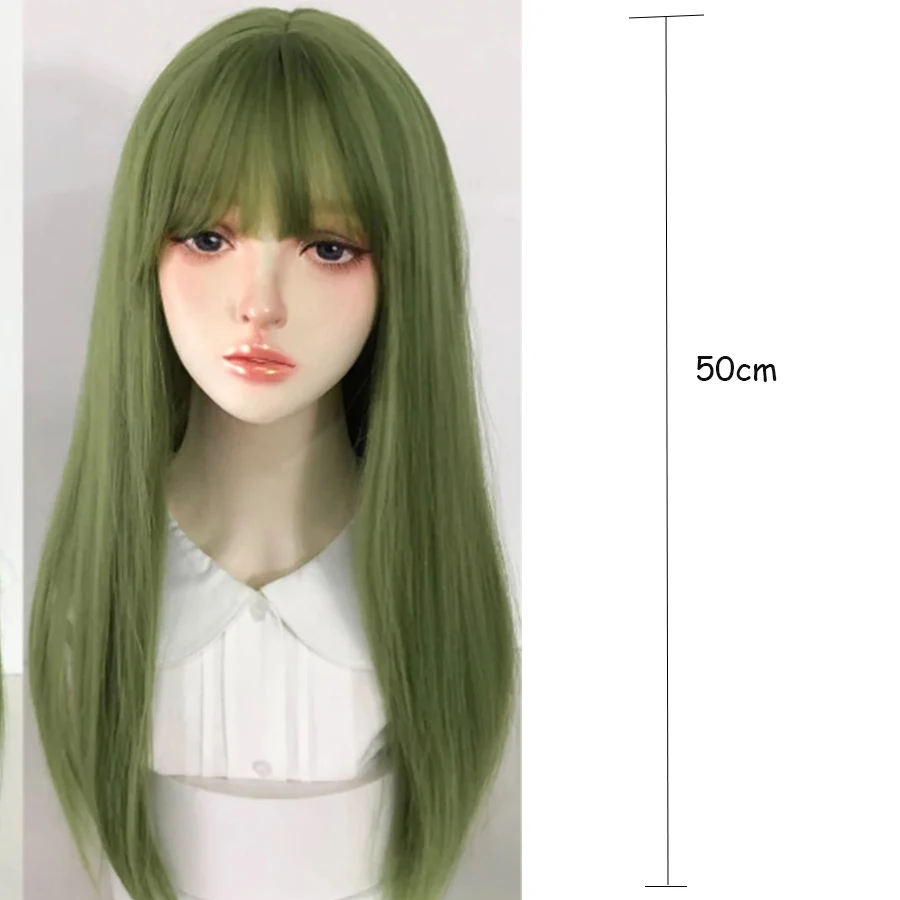 Cosplay Wig With Bangs Synthetic Straight Hair 20 Inch Long Heat-Resistant Fruit Green Wig For Women