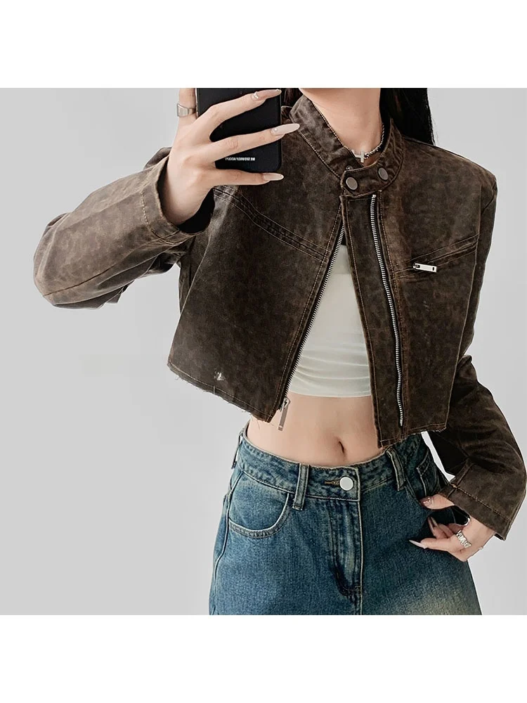 

Street Sle ort Leather Jaet Women's Slim Fit Stand Collar Zipper Coat Vintage Distred Moto Jaet Spring Autumn