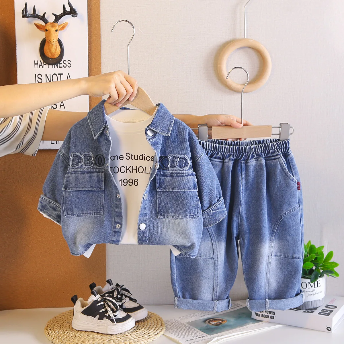 Korean Fashion Kids Fall Clothing Set 2026 Spring Autumn Denim Jackets + White T-shirts + Pants 3 Piece Back To School Outfit