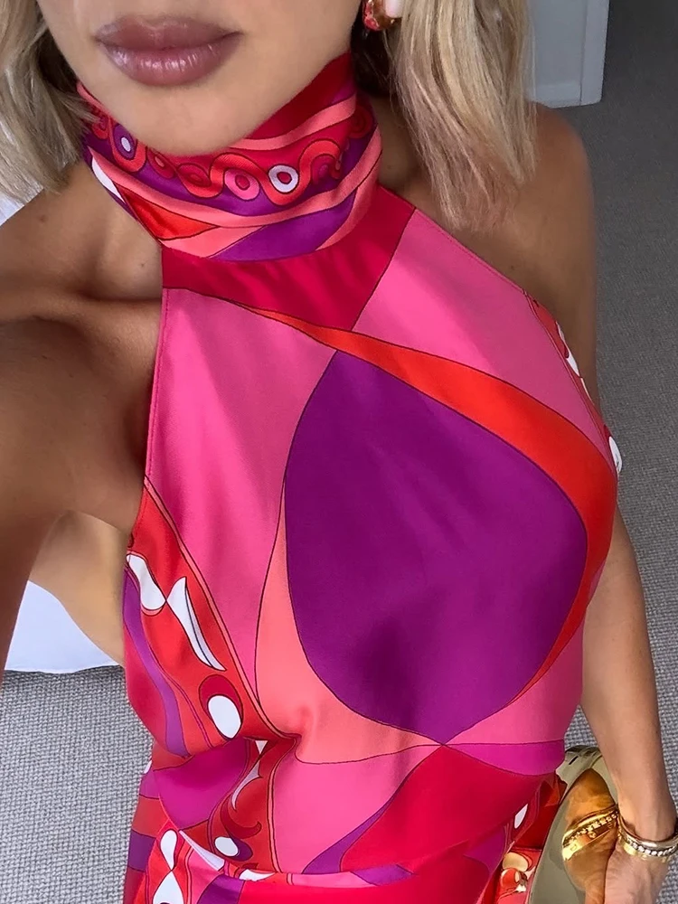 

Summer Fashion Beach Style Geometric Print Silk Tops Women's Party Hang One's Neck Sleeveless Sexy Backless Lace-Up Top