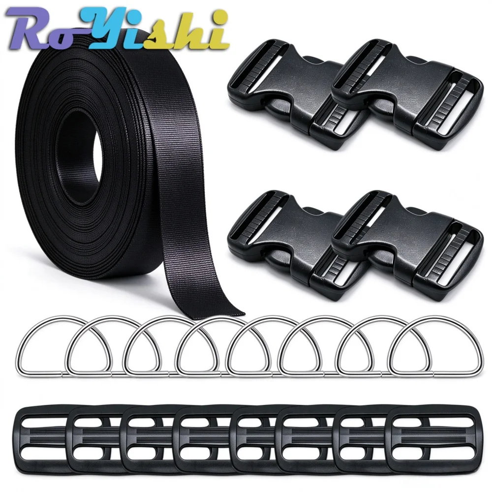 RoYishi 10-50mm 5Yards Nylon Webbing Kit,Plastic Buckles Tri-Glide Slides Metal D-Rings DIY Backpack Strap Sewing Accessories