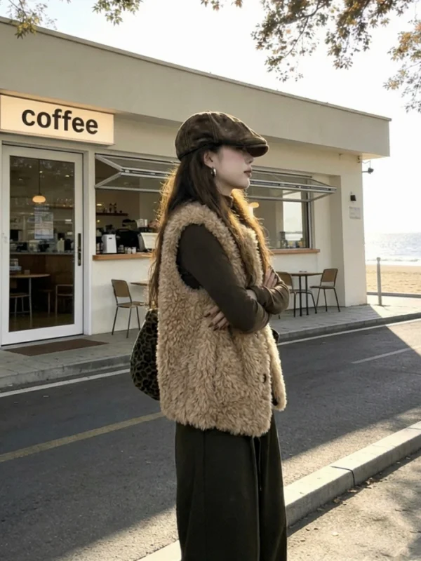 Umweltfreundliche Lammfell-Jahet-Damen-Biker-Jahet in mittlerer Länge, lässige Passform, Knopfverschluss, andere Materialien, Oberbekleidung