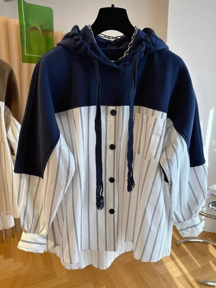 

Plus Size Shirts Hoodies Patchwork Striped Contrast Color Plus Size Long Sleeve Sweatshirts Loose All Match Women Clothing 2024
